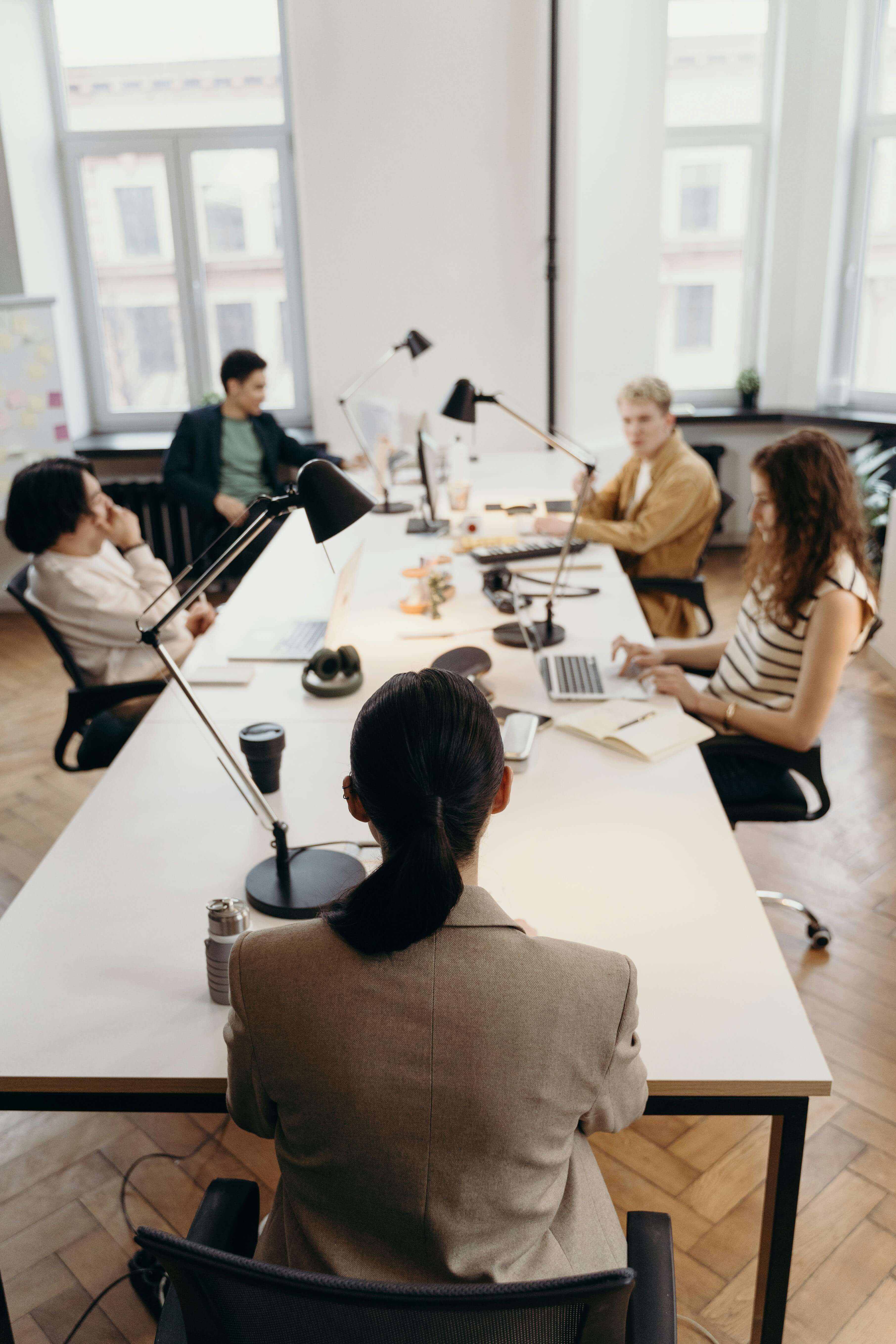 A female entrepreneur and perfectionist sits at the head of a table during a staff
meeting. Four other staff look to her and wait for the meeting to start.